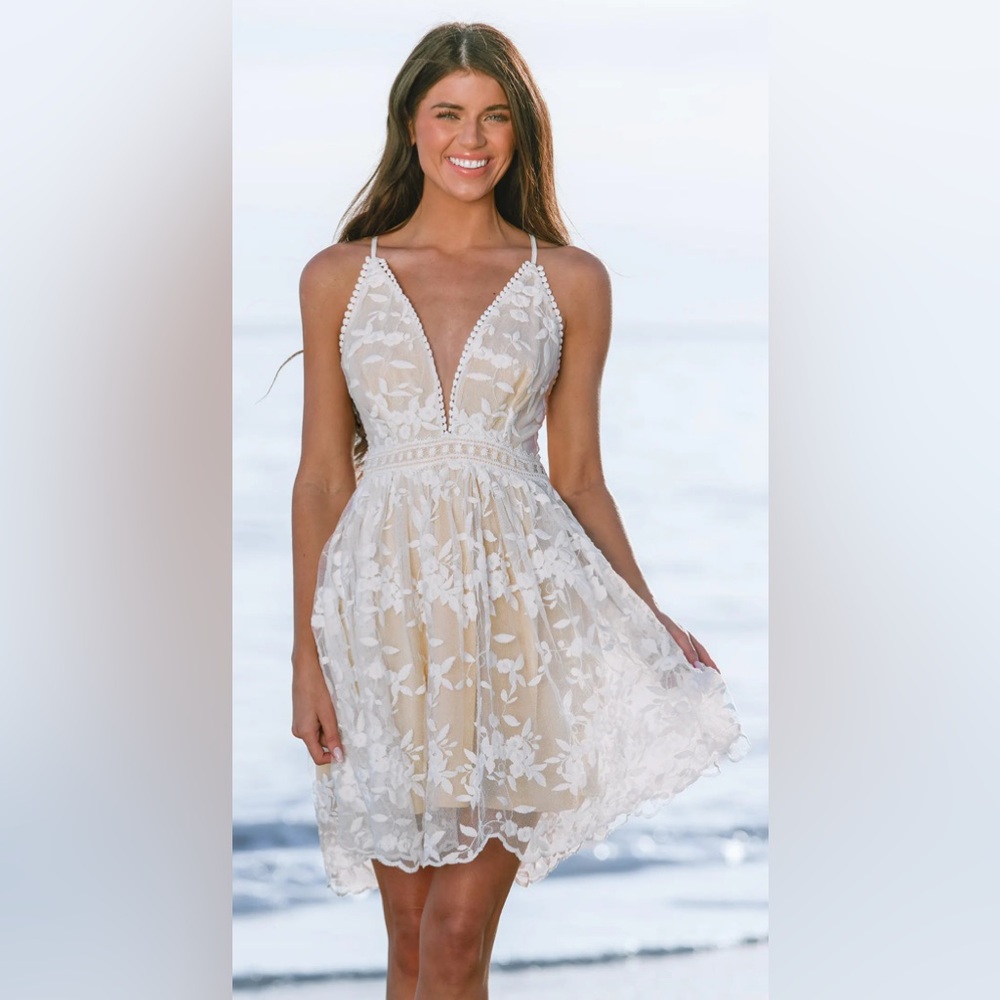Cupshe White Lace-Overlay Beige Mini Dress